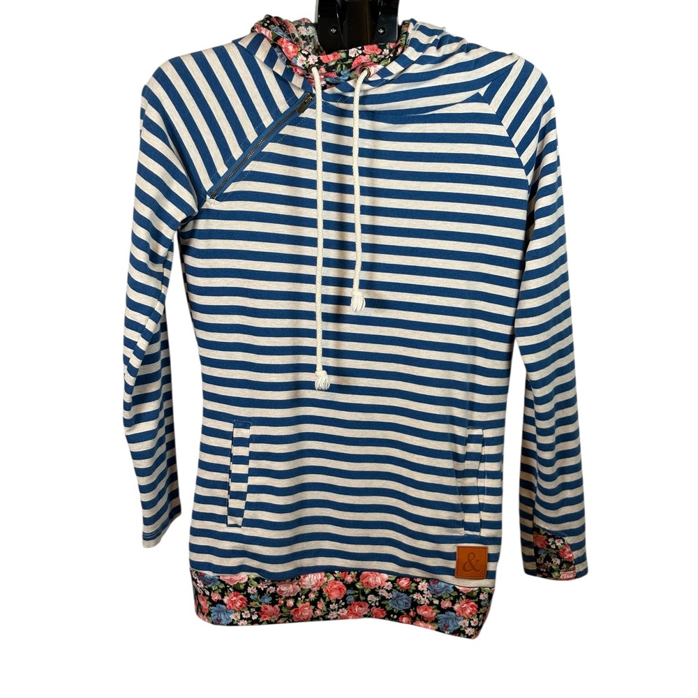 Ampersand As Always Striped Floral Hoodie Sweatshirt Women's S